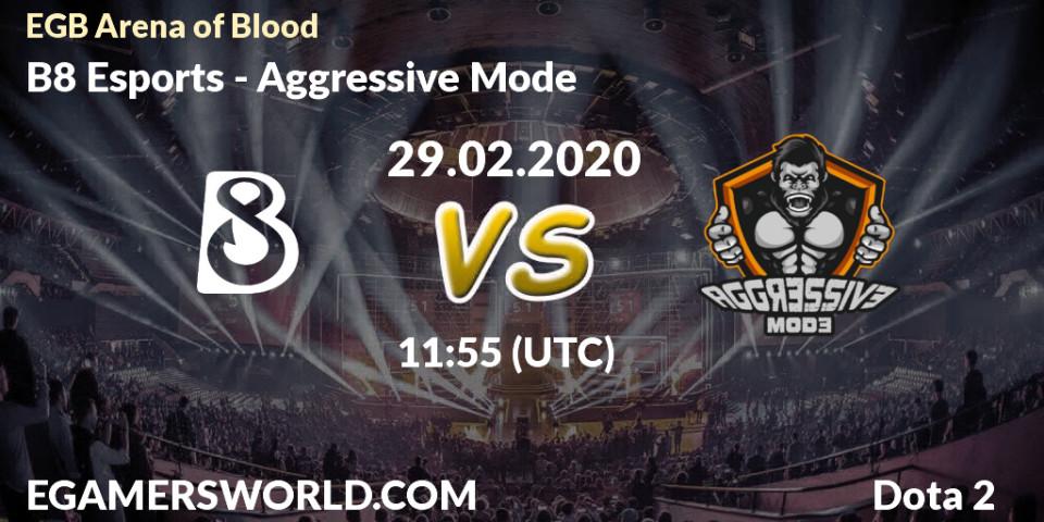 B8 Esports contre Aggressive Mode : prédiction de match. 29.02.2020 at 11:57. Dota 2, Arena of Blood