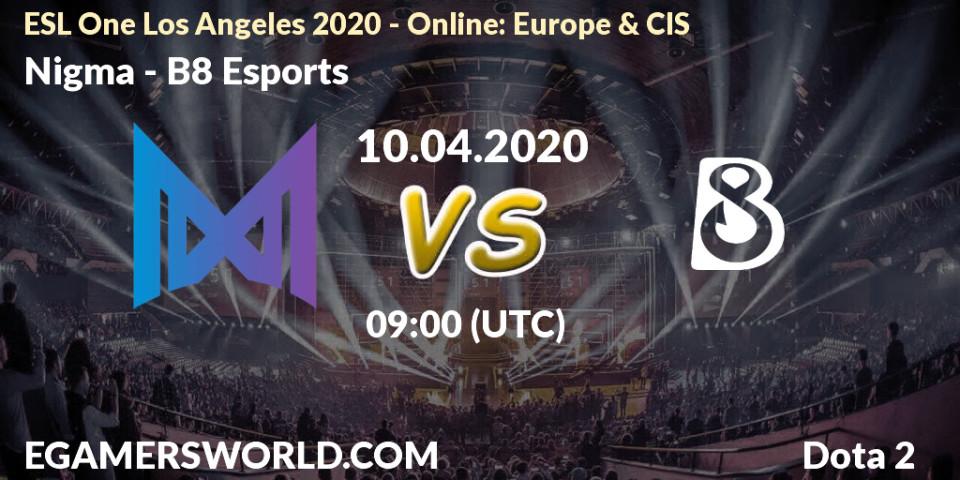 Nigma contre B8 Esports : prédiction de match. 10.04.2020 at 09:00. Dota 2, ESL One Los Angeles 2020 - Online: Europe & CIS