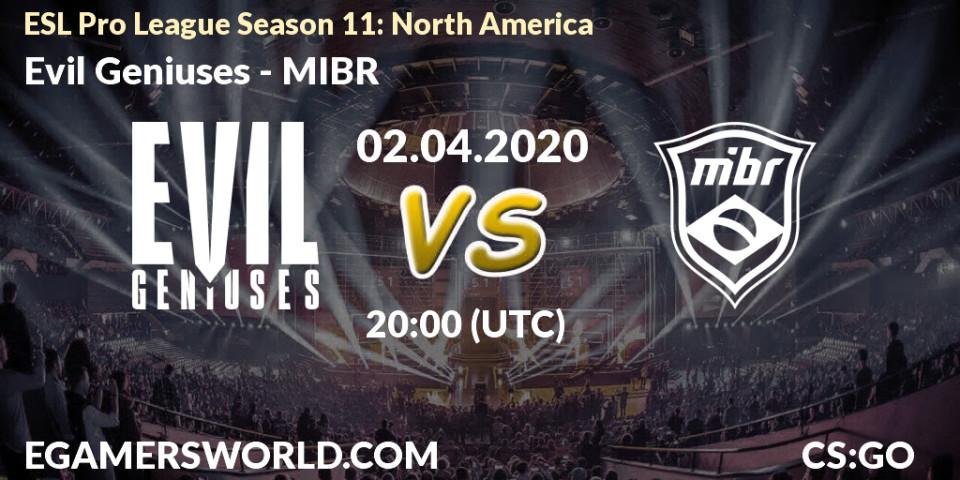 Evil Geniuses contre MIBR : prédiction de match. 02.04.2020 at 20:10. Counter-Strike (CS2), ESL Pro League Season 11: North America