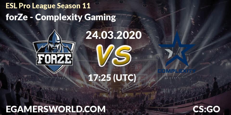 forZe contre Complexity Gaming : prédiction de match. 17.03.2020 at 13:25. Counter-Strike (CS2), ESL Pro League Season 11: Europe