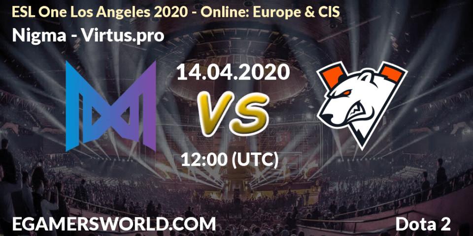 Nigma contre Virtus.pro : prédiction de match. 14.04.2020 at 12:32. Dota 2, ESL One Los Angeles 2020 - Online: Europe & CIS