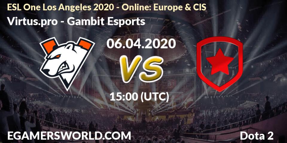 Virtus.pro contre Gambit Esports : prédiction de match. 06.04.20. Dota 2, ESL One Los Angeles 2020 - Online: Europe & CIS