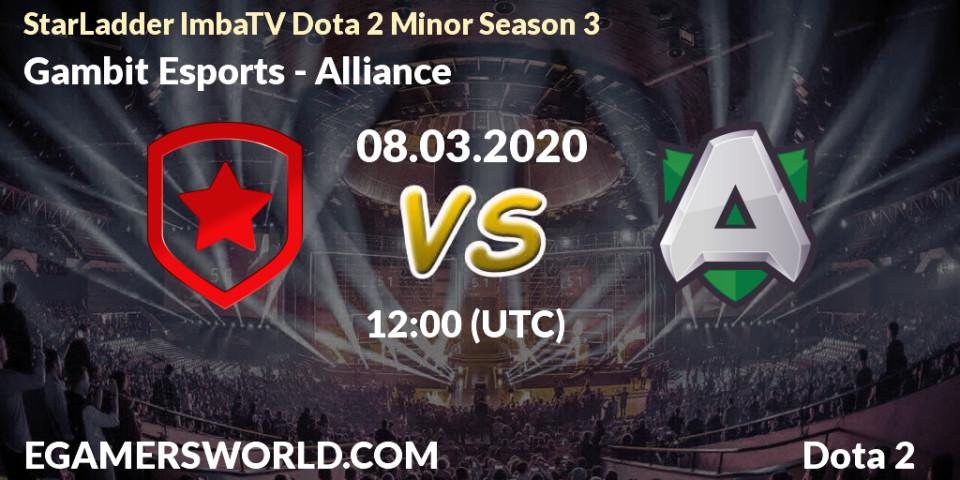 Gambit Esports contre Alliance : prédiction de match. 08.03.2020 at 12:02. Dota 2, StarLadder ImbaTV Dota 2 Minor Season 3