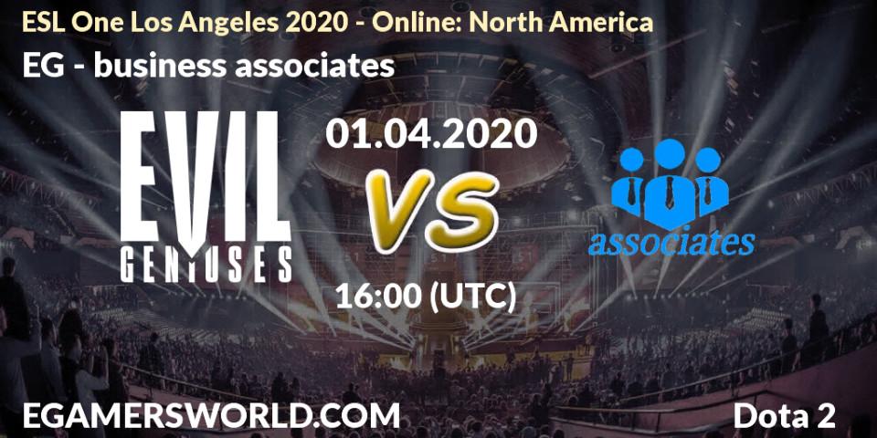 EG contre business associates : prédiction de match. 01.04.2020 at 16:21. Dota 2, ESL One Los Angeles 2020 - Online: North America