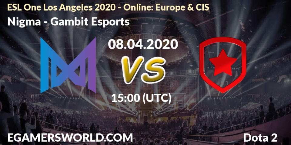 Nigma contre Gambit Esports : prédiction de match. 08.04.20. Dota 2, ESL One Los Angeles 2020 - Online: Europe & CIS