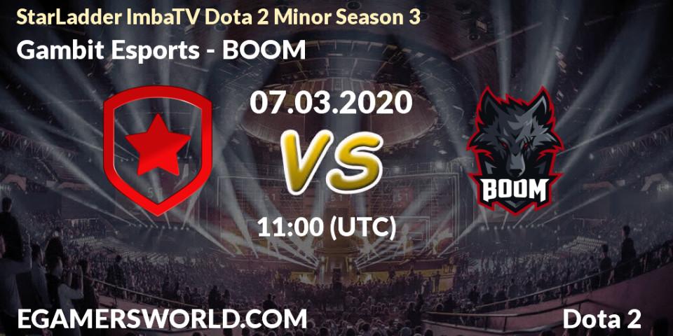 Gambit Esports contre BOOM : prédiction de match. 07.03.2020 at 08:01. Dota 2, StarLadder ImbaTV Dota 2 Minor Season 3