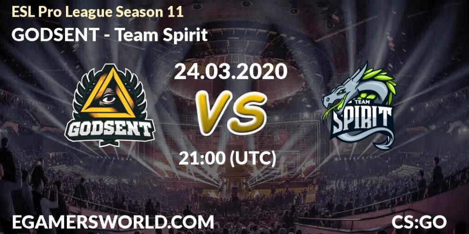 GODSENT contre Team Spirit : prédiction de match. 24.03.2020 at 21:35. Counter-Strike (CS2), ESL Pro League Season 11: Europe