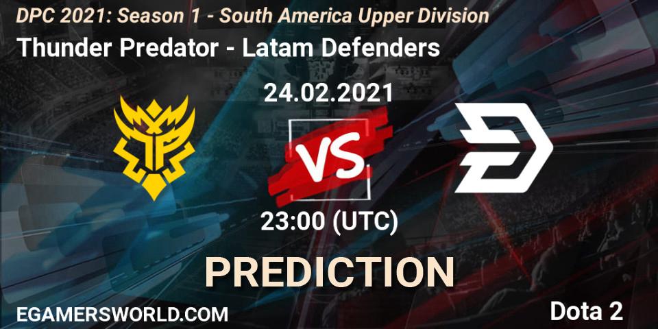 Thunder Predator contre Latam Defenders : prédiction de match. 24.02.2021 at 23:05. Dota 2, DPC 2021: Season 1 - South America Upper Division