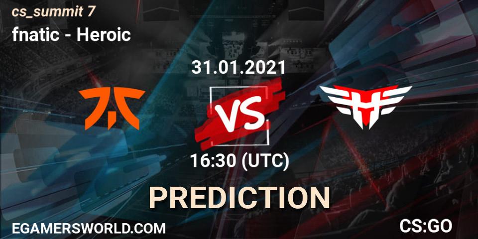 fnatic contre Heroic : prédiction de match. 31.01.2021 at 16:30. Counter-Strike (CS2), cs_summit 7