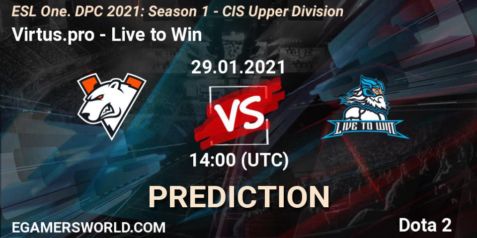 Virtus.pro contre Live to Win : prédiction de match. 29.01.2021 at 13:55. Dota 2, ESL One. DPC 2021: Season 1 - CIS Upper Division