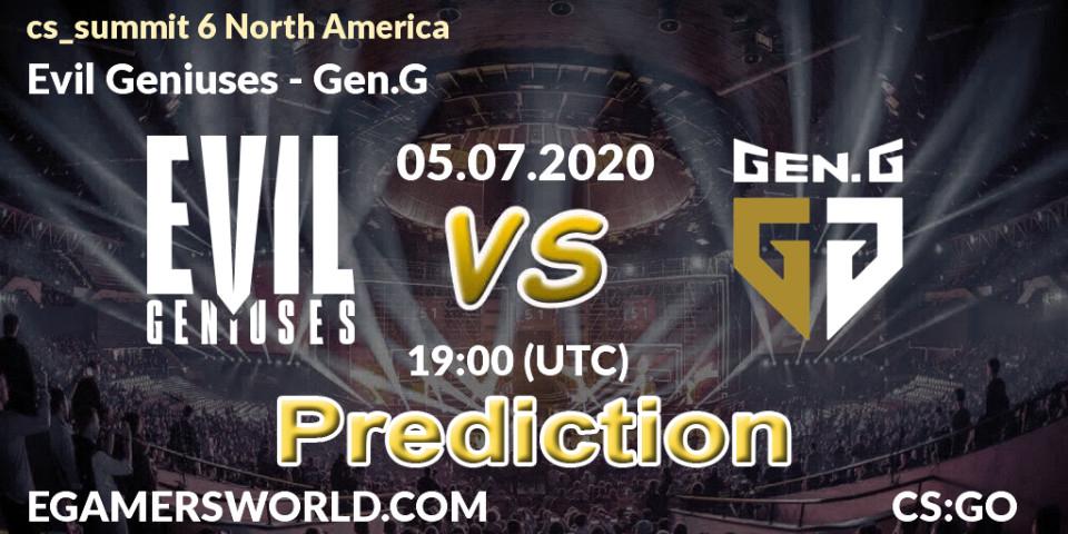 Evil Geniuses contre Gen.G : prédiction de match. 05.07.2020 at 19:30. Counter-Strike (CS2), cs_summit 6 North America