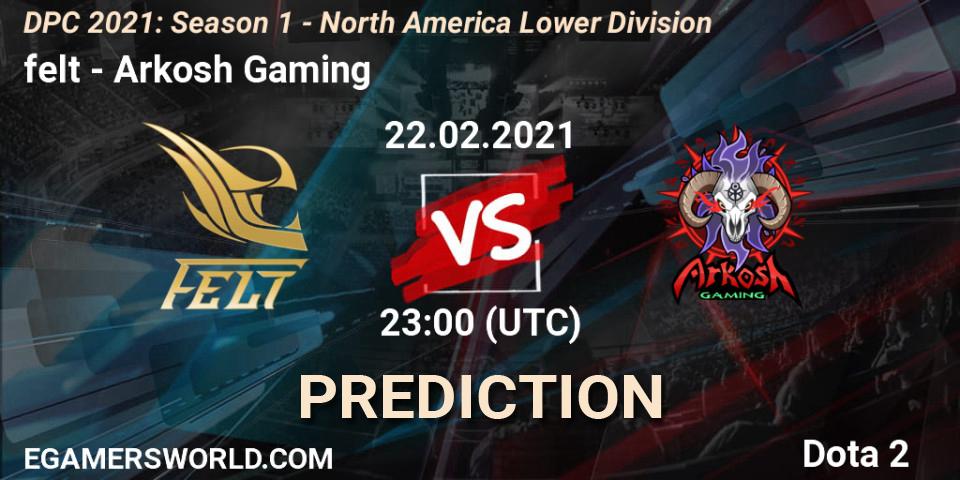 felt contre Arkosh Gaming : prédiction de match. 22.02.2021 at 23:08. Dota 2, DPC 2021: Season 1 - North America Lower Division