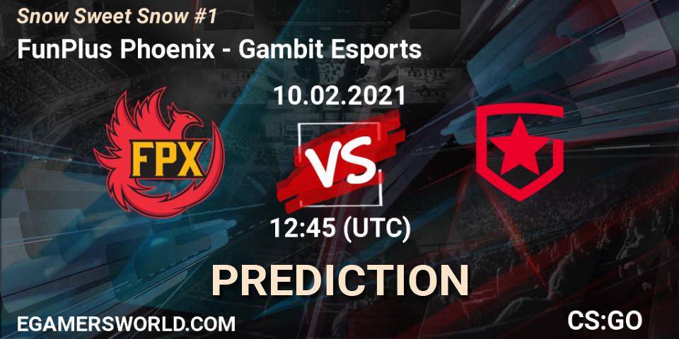 FunPlus Phoenix contre Gambit Esports : prédiction de match. 10.02.2021 at 12:45. Counter-Strike (CS2), Snow Sweet Snow #1
