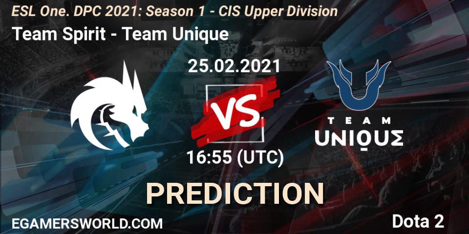 Team Spirit contre Team Unique : prédiction de match. 25.02.2021 at 17:08. Dota 2, ESL One. DPC 2021: Season 1 - CIS Upper Division
