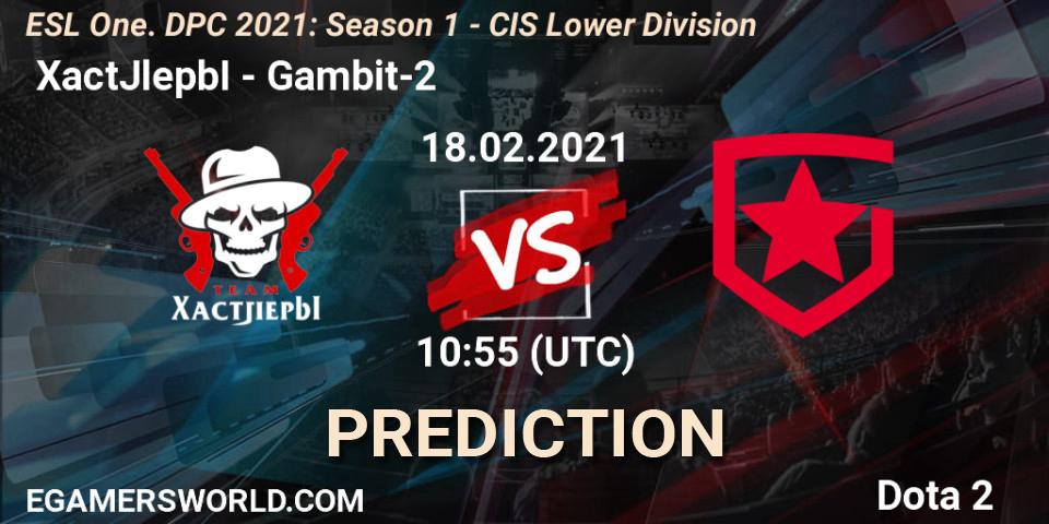  XactJlepbI contre Gambit-2 : prédiction de match. 18.02.2021 at 11:14. Dota 2, ESL One. DPC 2021: Season 1 - CIS Lower Division