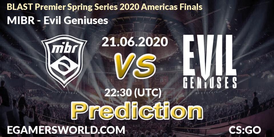 MIBR contre Evil Geniuses : prédiction de match. 21.06.2020 at 22:30. Counter-Strike (CS2), BLAST Premier Spring Series 2020 Americas Finals