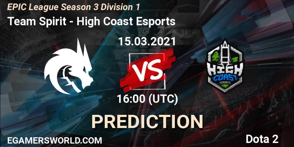 Team Spirit contre High Coast Esports : prédiction de match. 15.03.2021 at 16:01. Dota 2, EPIC League Season 3 Division 1