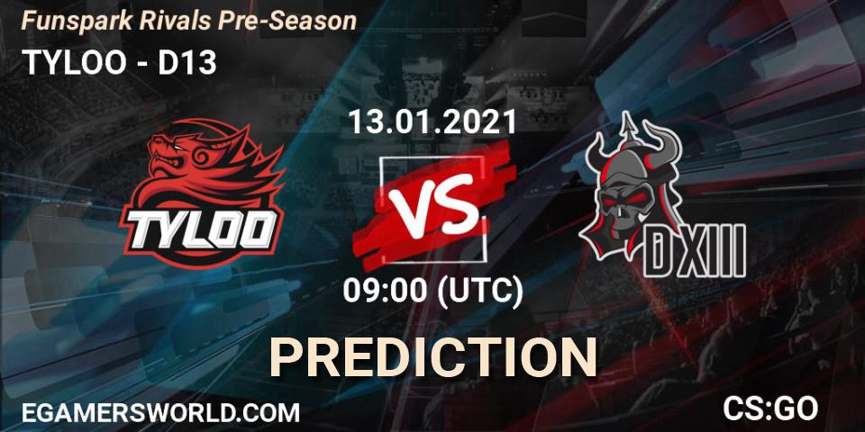 TYLOO contre D13 : prédiction de match. 13.01.2021 at 09:00. Counter-Strike (CS2), Funspark Rivals Pre-Season