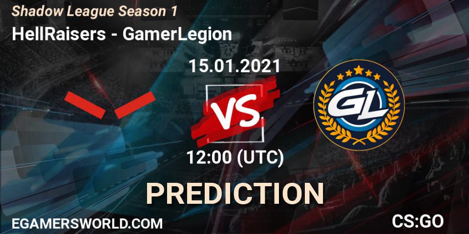 HellRaisers contre GamerLegion : prédiction de match. 15.01.2021 at 13:00. Counter-Strike (CS2), Shadow League Season 1
