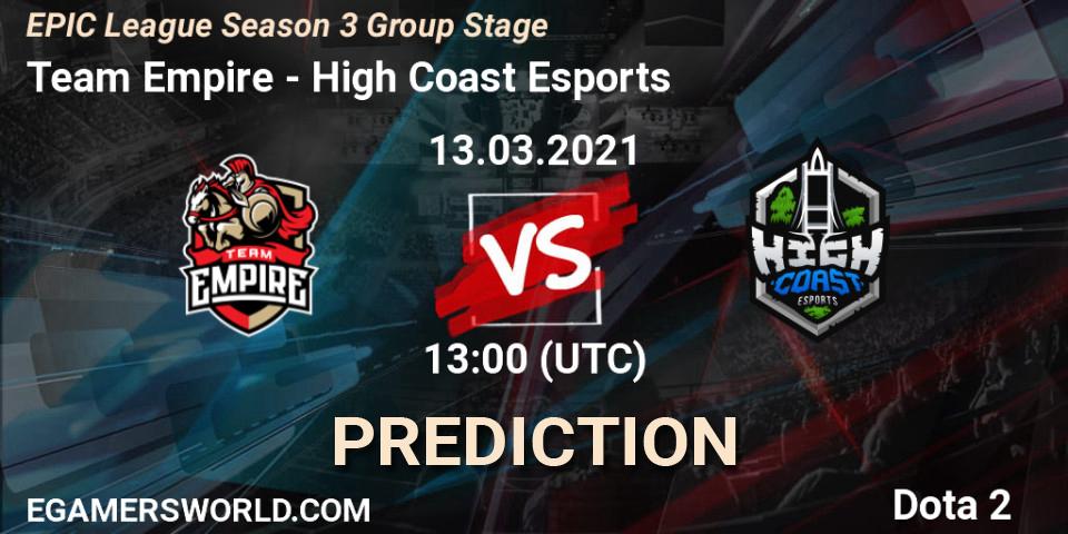 Team Empire contre High Coast Esports : prédiction de match. 13.03.2021 at 12:59. Dota 2, EPIC League Season 3 Group Stage