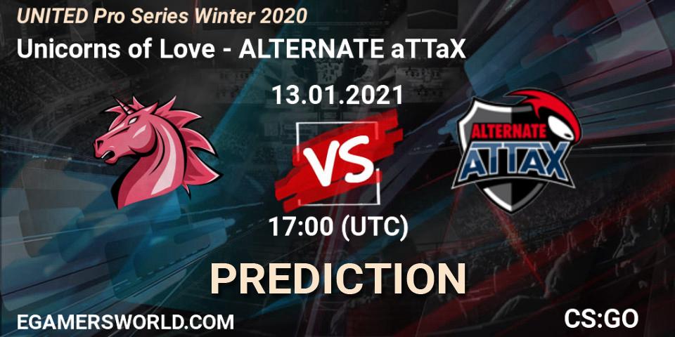 Unicorns of Love contre ALTERNATE aTTaX : prédiction de match. 13.01.2021 at 17:00. Counter-Strike (CS2), UNITED Pro Series Winter 2020