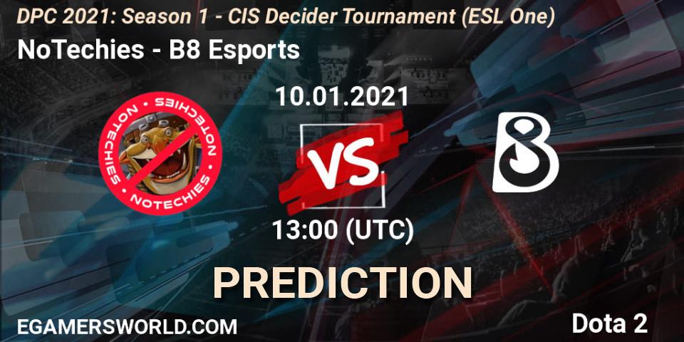 NoTechies contre B8 Esports : prédiction de match. 10.01.2021 at 13:00. Dota 2, DPC 2021: Season 1 - CIS Decider Tournament (ESL One)