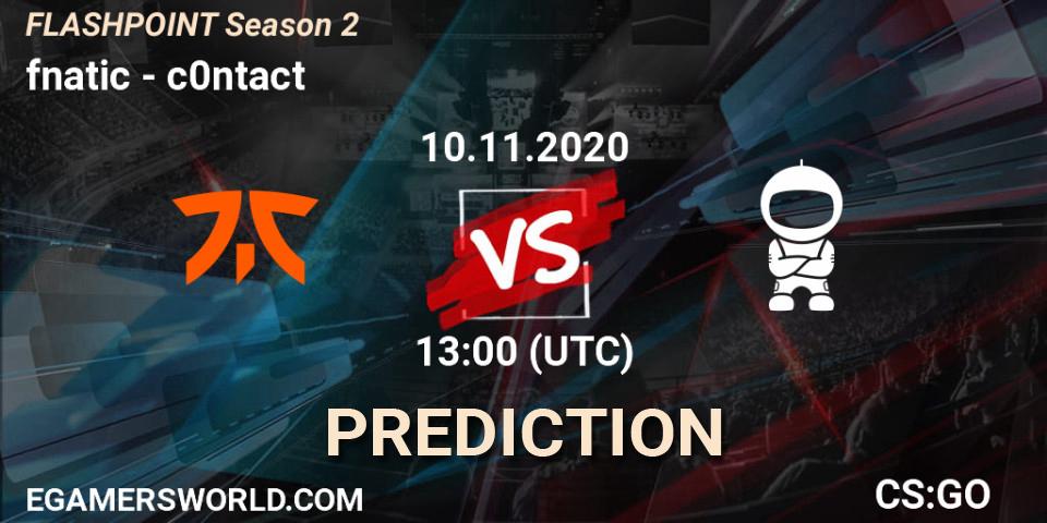 fnatic contre c0ntact : prédiction de match. 11.11.2020 at 16:00. Counter-Strike (CS2), Flashpoint Season 2