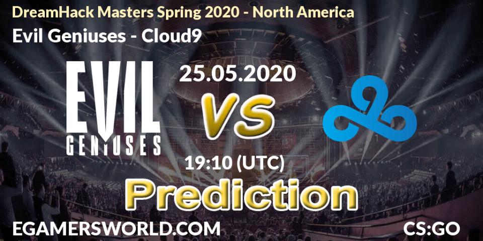 Evil Geniuses contre Cloud9 : prédiction de match. 25.05.2020 at 19:20. Counter-Strike (CS2), DreamHack Masters Spring 2020 - North America