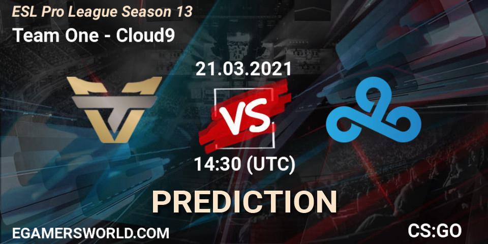 Team One contre Cloud9 : prédiction de match. 21.03.2021 at 15:30. Counter-Strike (CS2), ESL Pro League Season 13