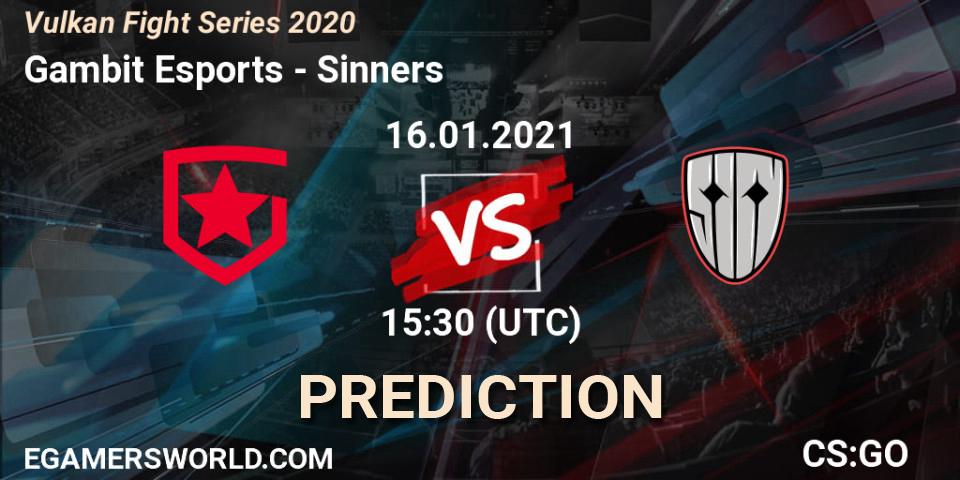 Gambit Esports contre Sinners : prédiction de match. 16.01.2021 at 15:30. Counter-Strike (CS2), Vulkan Fight Series 2020