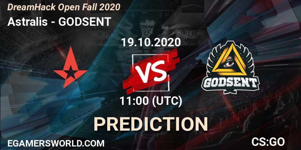 Astralis contre GODSENT : prédiction de match. 19.10.2020 at 11:00. Counter-Strike (CS2), DreamHack Open Fall 2020