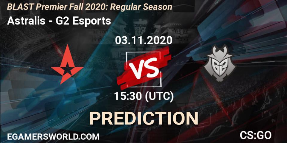 Astralis contre G2 Esports : prédiction de match. 03.11.2020 at 15:30. Counter-Strike (CS2), BLAST Premier Fall 2020: Regular Season