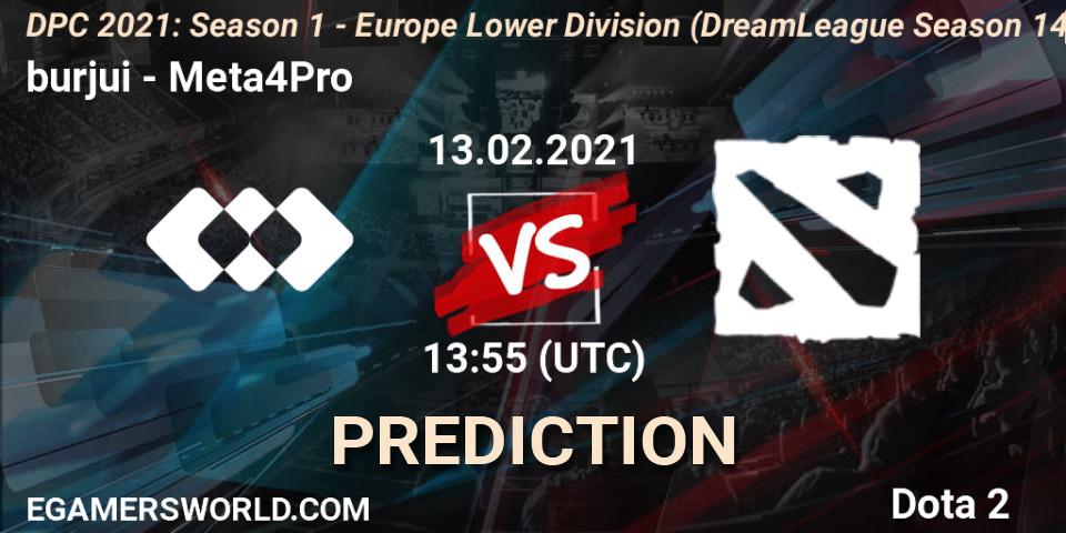 burjui contre Meta4Pro : prédiction de match. 13.02.2021 at 13:56. Dota 2, DPC 2021: Season 1 - Europe Lower Division (DreamLeague Season 14)