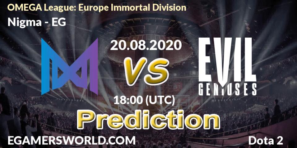 Nigma contre EG : prédiction de match. 20.08.2020 at 17:38. Dota 2, OMEGA League: Europe Immortal Division