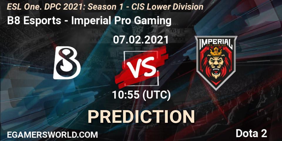 B8 Esports contre Imperial Pro Gaming : prédiction de match. 07.02.2021 at 10:55. Dota 2, ESL One. DPC 2021: Season 1 - CIS Lower Division