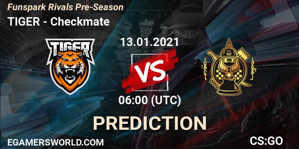 TIGER contre Checkmate : prédiction de match. 13.01.2021 at 06:00. Counter-Strike (CS2), Funspark Rivals Pre-Season