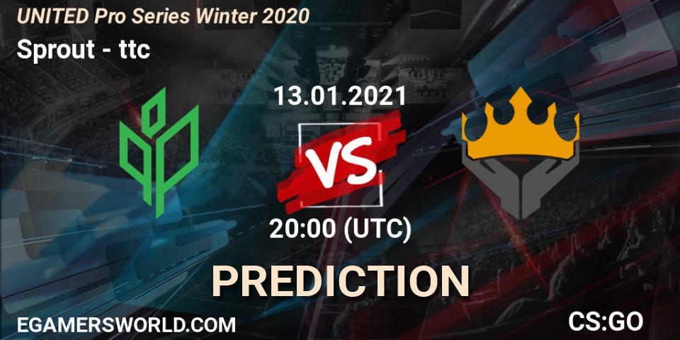 Sprout contre ttc : prédiction de match. 13.01.2021 at 20:00. Counter-Strike (CS2), UNITED Pro Series Winter 2020