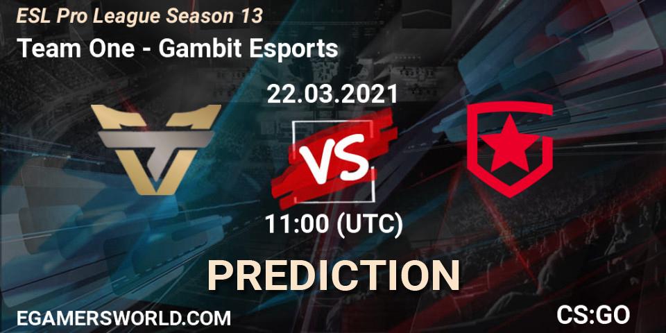 Team One contre Gambit Esports : prédiction de match. 22.03.2021 at 11:00. Counter-Strike (CS2), ESL Pro League Season 13