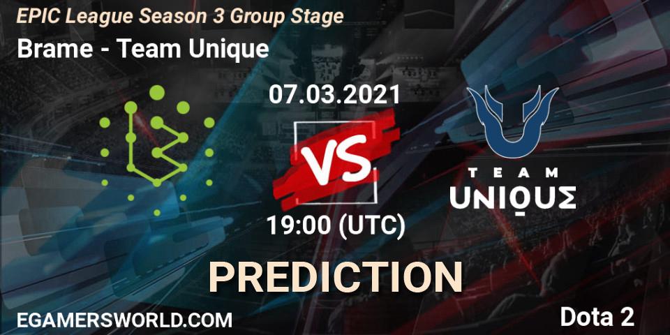 Brame contre Team Unique : prédiction de match. 07.03.2021 at 19:53. Dota 2, EPIC League Season 3 Group Stage