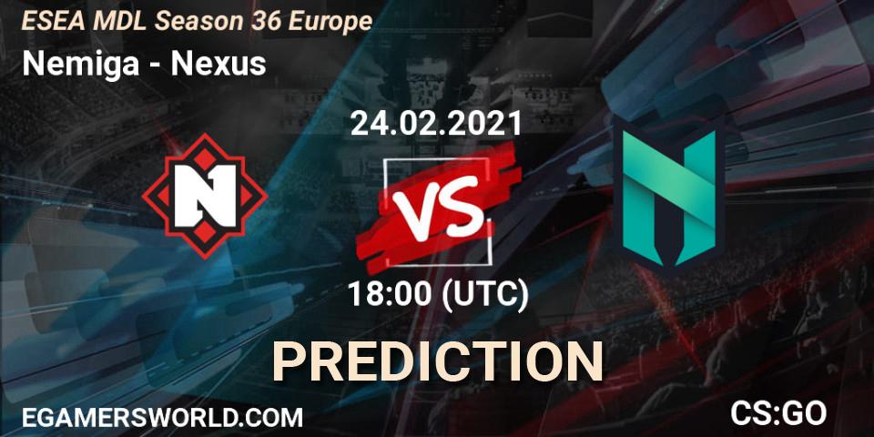 Nemiga contre Nexus : prédiction de match. 24.02.2021 at 18:00. Counter-Strike (CS2), MDL ESEA Season 36: Europe - Premier division