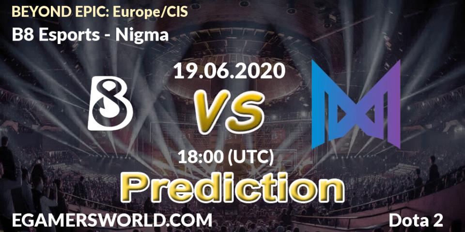 B8 Esports contre Nigma : prédiction de match. 19.06.2020 at 17:40. Dota 2, BEYOND EPIC: Europe/CIS