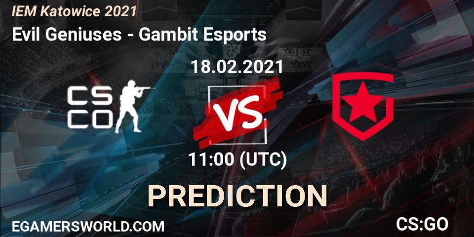 Evil Geniuses contre Gambit Esports : prédiction de match. 18.02.2021 at 11:00. Counter-Strike (CS2), IEM Katowice 2021