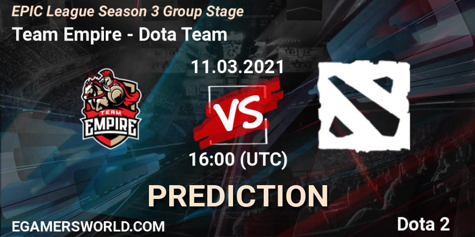 Team Empire contre Dota Team : prédiction de match. 11.03.2021 at 16:02. Dota 2, EPIC League Season 3 Group Stage