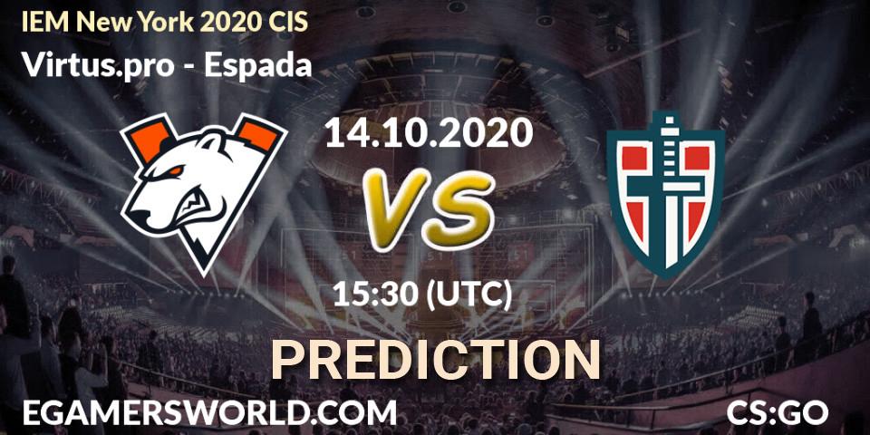 Virtus.pro contre Espada : prédiction de match. 14.10.2020 at 15:30. Counter-Strike (CS2), IEM New York 2020 CIS