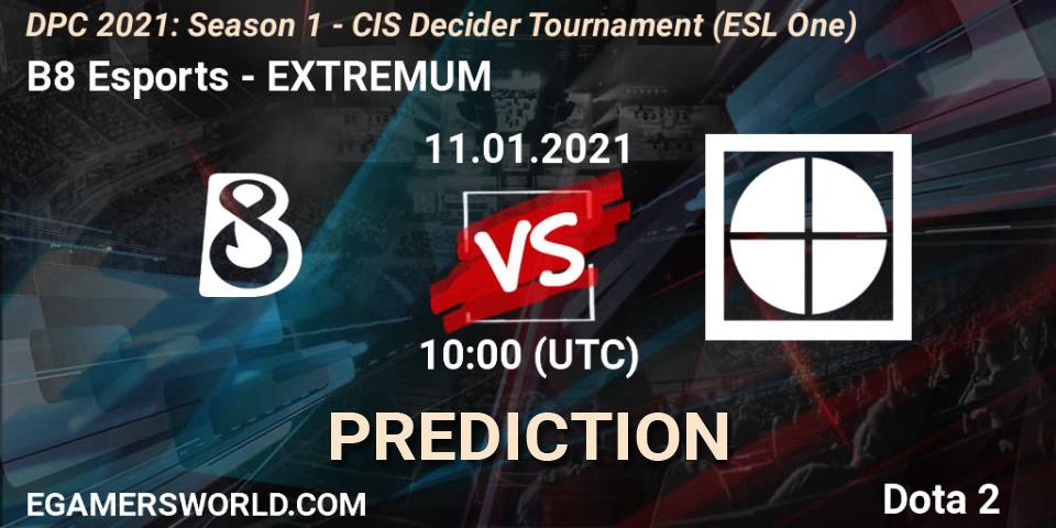 B8 Esports contre EXTREMUM : prédiction de match. 11.01.2021 at 10:00. Dota 2, DPC 2021: Season 1 - CIS Decider Tournament (ESL One)