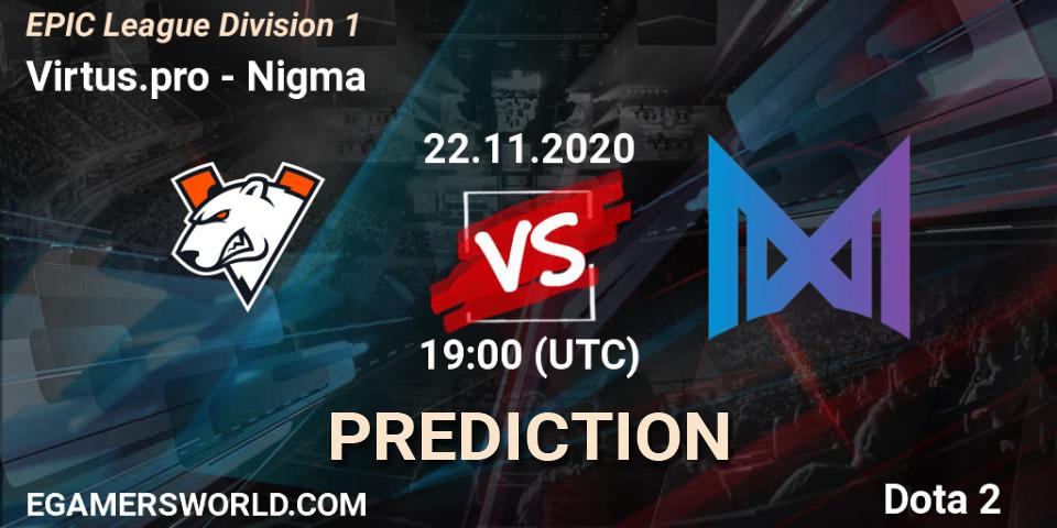 Virtus.pro contre Nigma : prédiction de match. 22.11.2020 at 19:01. Dota 2, EPIC League Division 1