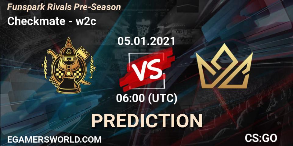 Checkmate contre w2c : prédiction de match. 05.01.2021 at 06:00. Counter-Strike (CS2), Funspark Rivals Pre-Season