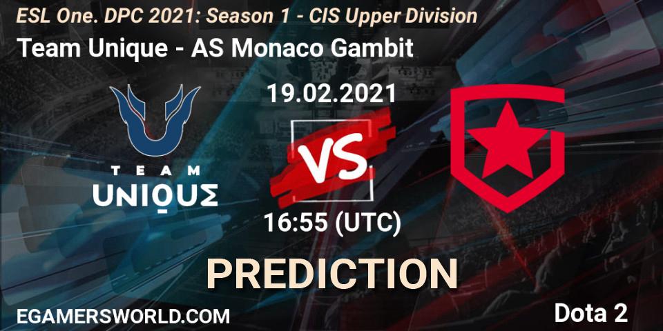 Team Unique contre AS Monaco Gambit : prédiction de match. 19.02.2021 at 16:55. Dota 2, ESL One. DPC 2021: Season 1 - CIS Upper Division