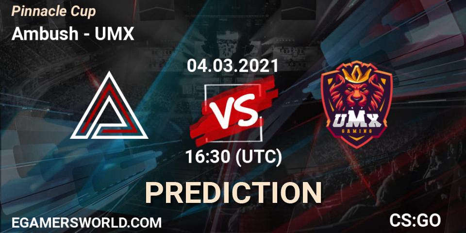 Ambush contre UMX : prédiction de match. 05.03.2021 at 16:30. Counter-Strike (CS2), Pinnacle Cup #1