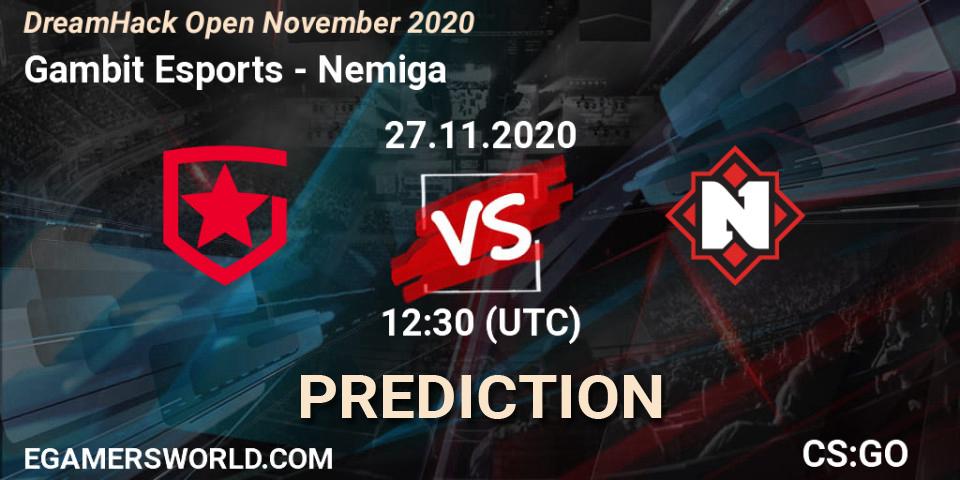 Gambit Esports contre Nemiga : prédiction de match. 27.11.2020 at 12:10. Counter-Strike (CS2), DreamHack Open November 2020